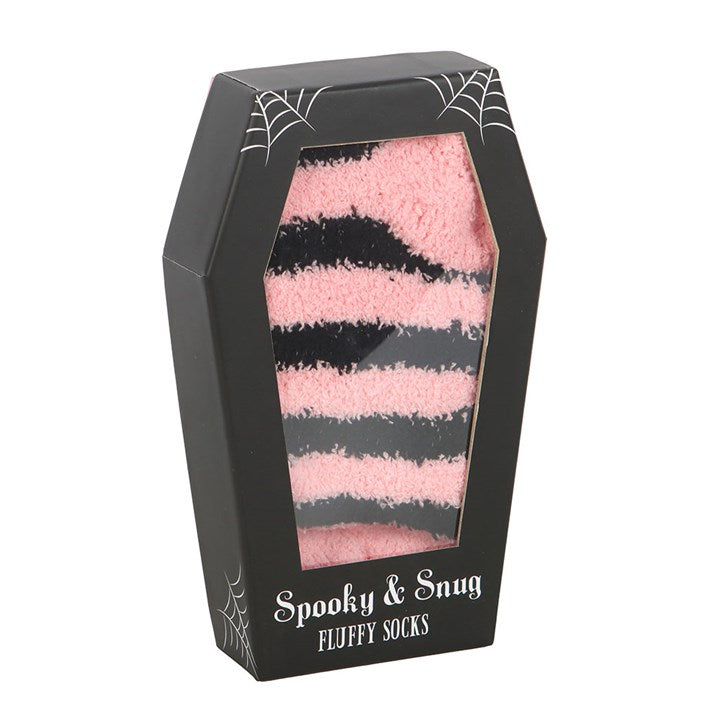 Pink and Black Striped Socks in Coffin Gift Box, cosy and fun, perfect for girly gothic fashion lovers.