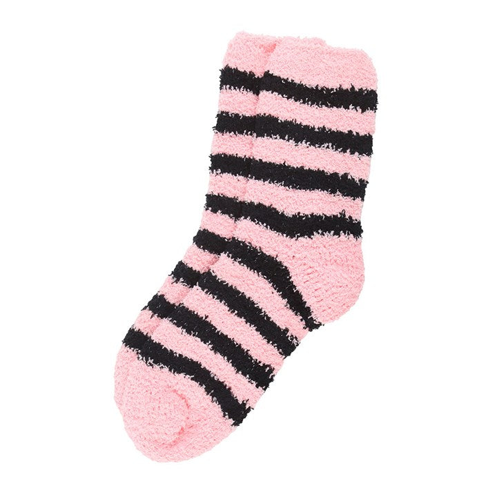 Cozy pink and black striped socks in coffin gift box, perfect for girly gothic fashion lovers. Ideal gift choice!