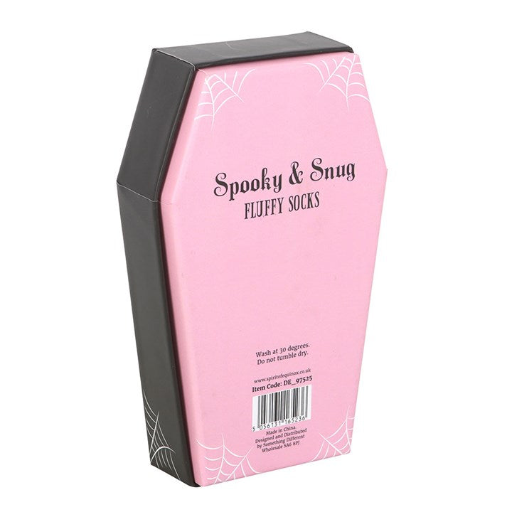 Pink and Black Striped Socks in Coffin Gift Box, perfect for cosy, girly gothic fashion lovers. Fun and functional gift!