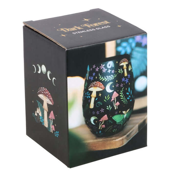 Dark Forest Print Stemless Glass featuring night forest with florals, toadstools, luna moths, moons and stars.