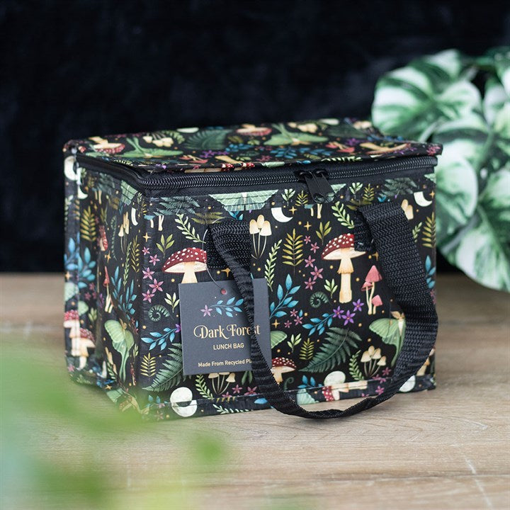 Stylish Dark Forest Print Lunch Bag made from recycled plastic, perfect for meals at school, work, or picnics.