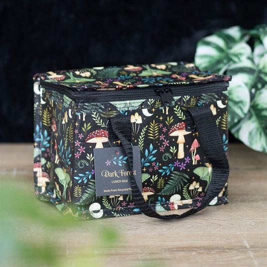 Stylish Dark Forest Print Lunch Bag made from recycled plastic, perfect for meals at school, work, or picnics.