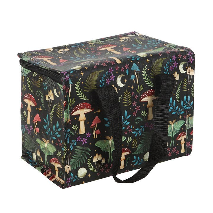 Stylish Dark Forest Print Lunch Bag made from recycled plastic, perfect for school, work, or picnics.