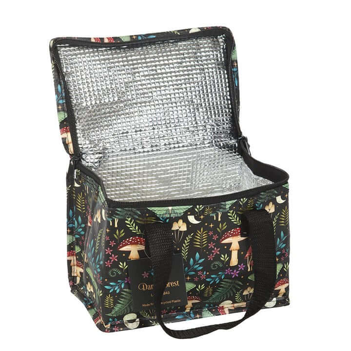 Stylish Dark Forest Print Lunch Bag made from recycled plastic, perfect for meals at school, work, or picnics.