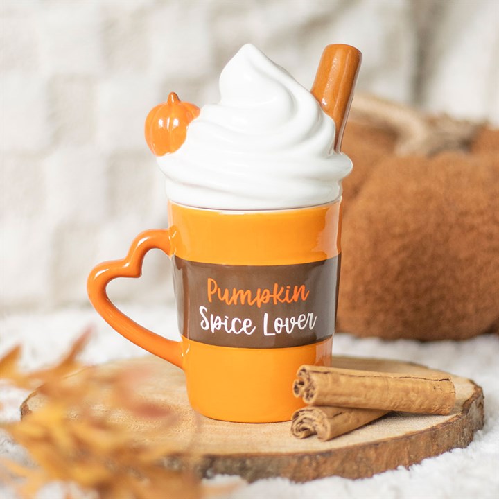 Pumpkin Spice Latte Shaped Lidded Mug ceramic orange mug with whipped cream and cinnamon stick