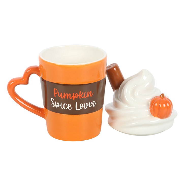 Pumpkin Spice Latte Shaped Lidded Mug orange ceramic mug with heart-shaped handle, whipped-cream lid, autumn gift.