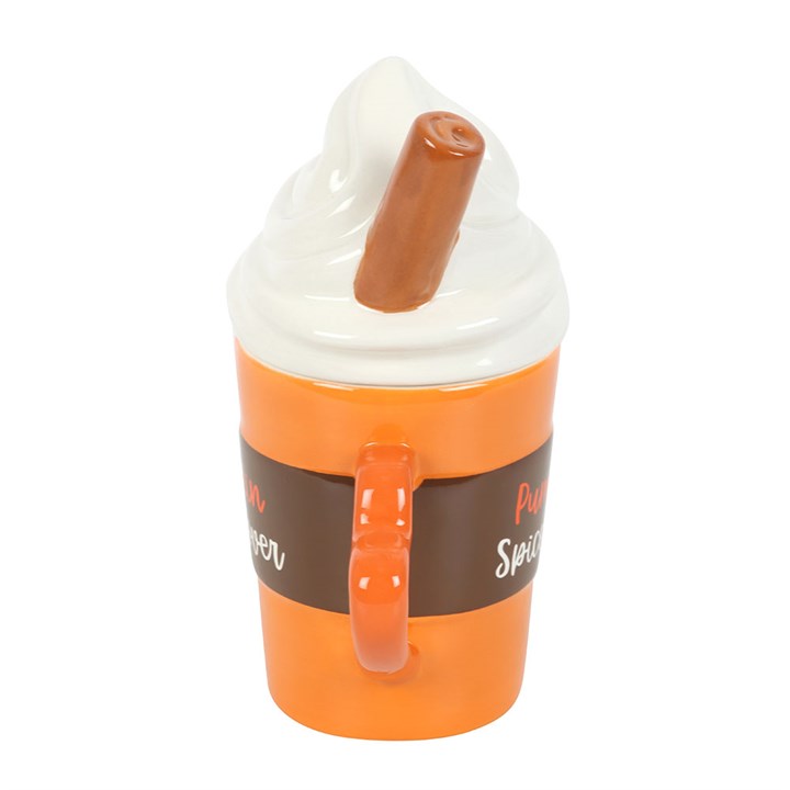 Pumpkin Spice Latte Shaped Lidded Mug: orange ceramic mug with brown band and white whipped-cream lid.