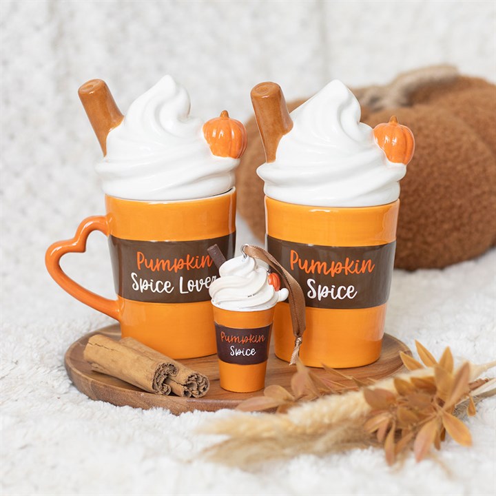 Pumpkin Spice Latte Hanging Ornament: two orange ceramic mugs with whipped cream tops, cinnamon sticks, autumn decor.