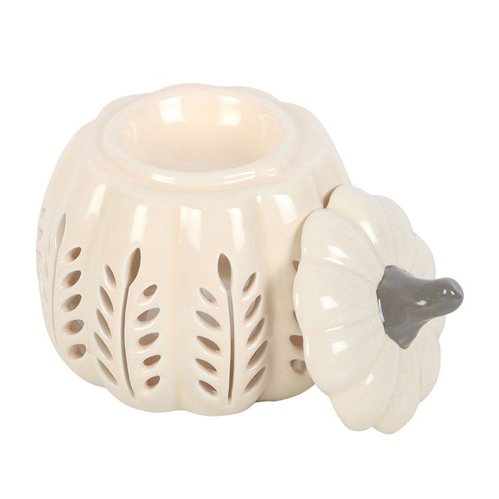 Cream Leaf Cut Out Pumpkin Oil Burner and Wax Warmer, perfect for autumn ambiance and melting fragrant wax melts.