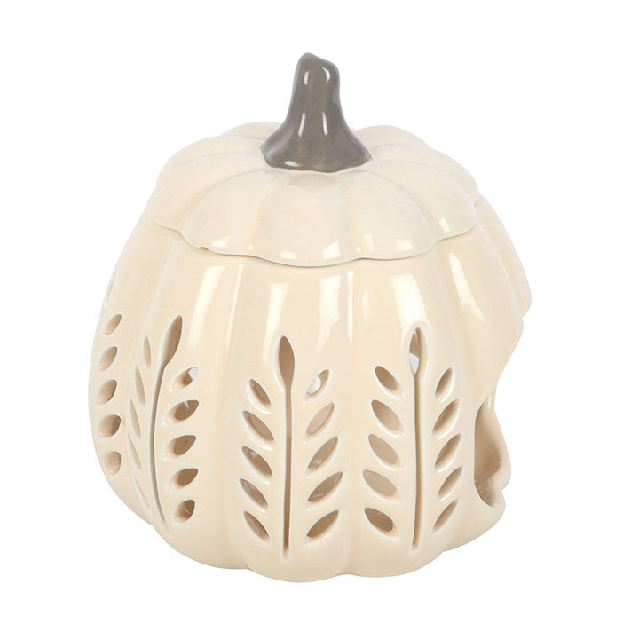 Cream Leaf Cut Out Pumpkin Oil Burner and Wax Warmer, perfect for creating a cosy autumn atmosphere at home.