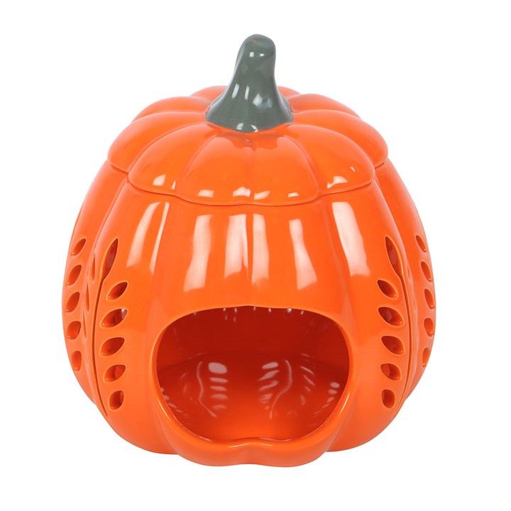 Bright orange pumpkin-shaped oil burner and wax warmer, perfect for autumn scents. Discover the Orange Leaf Cut Out Pumpkin Oil Burner and Wax Warmer.