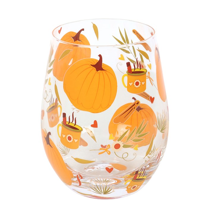 Cosy Autumn Days Print Stemless Glass featuring pumpkins and spices, perfect for seasonal drinks and tableware.