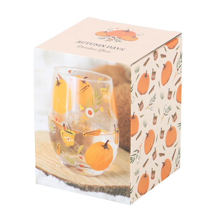 Autumn Days Print Stemless Glass with a cosy design, perfect for seasonal tableware and themed beverages.