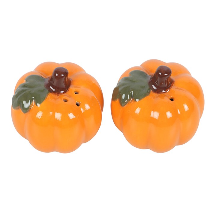 Cute ceramic Pumpkin Salt and Pepper Shakers, perfect for autumn table settings and Halloween decor.