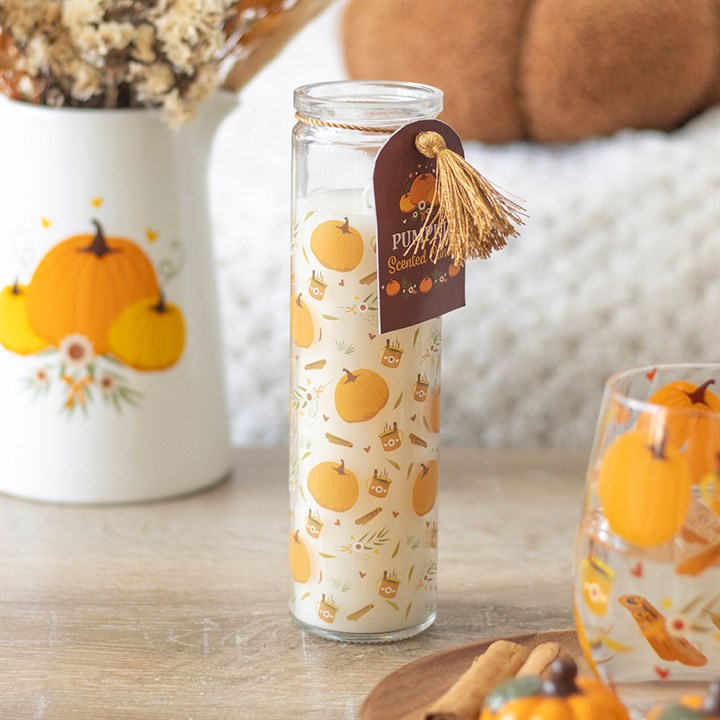 Cosy Pumpkin Print Tube Candle, perfect for autumn décor, featuring a charming pumpkin design and 50-hour burn time.