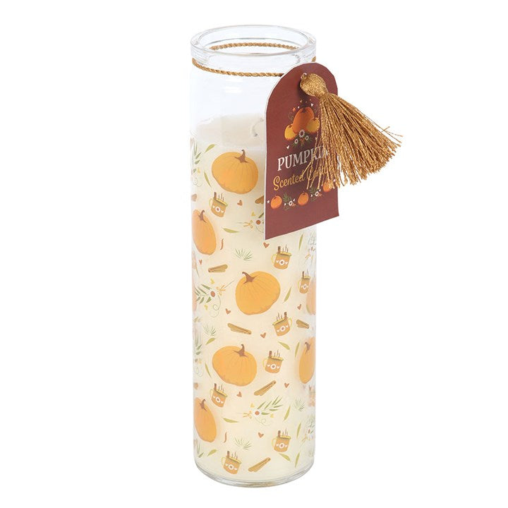 Pumpkin Print Tube Candle features a cosy autumn design and pumpkin fragrance, perfect for Halloween décor.