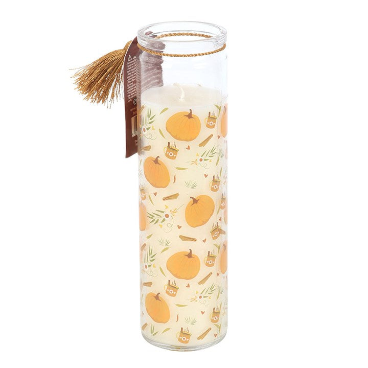 Pumpkin Print Tube Candle featuring a charming autumn design, perfect for Halloween with a 50-hour burn time.