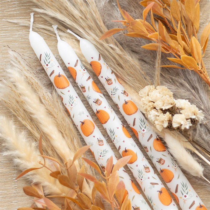 Set of 3 Pumpkin Taper Candles - Unscented, perfect for autumn settings and gatherings, featuring charming pumpkin prints.