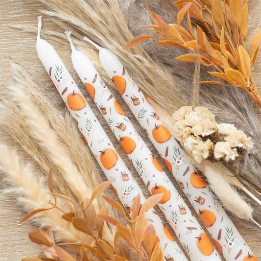 Set of 3 Pumpkin Taper Candles - Unscented, perfect for autumn settings and gatherings, featuring charming pumpkin prints.