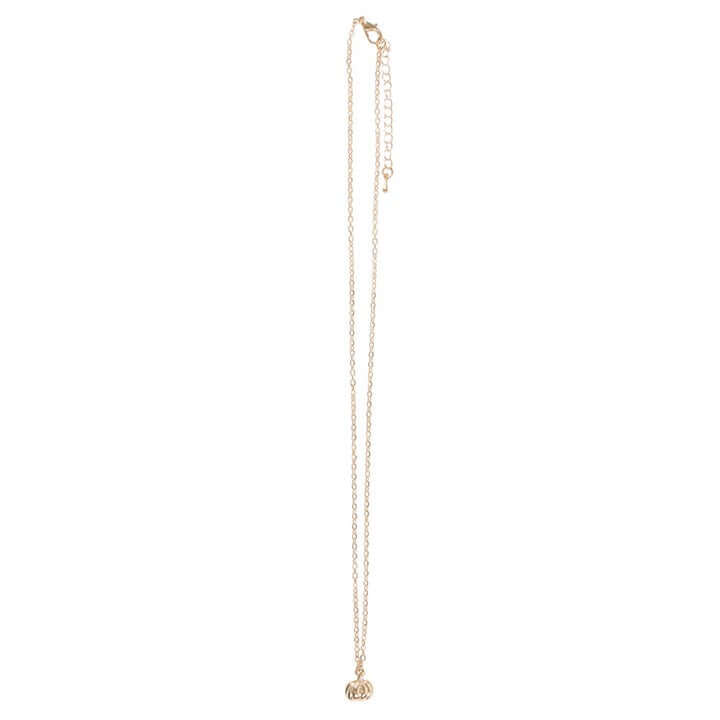 Gold-toned pumpkin pendant necklace on a long chain, with a matching greeting card and envelope.