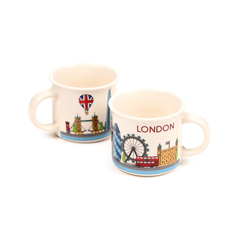 Set of 2 porcelain espresso cups featuring London skyline designs including the London Eye, Tower Bridge and a red bus.