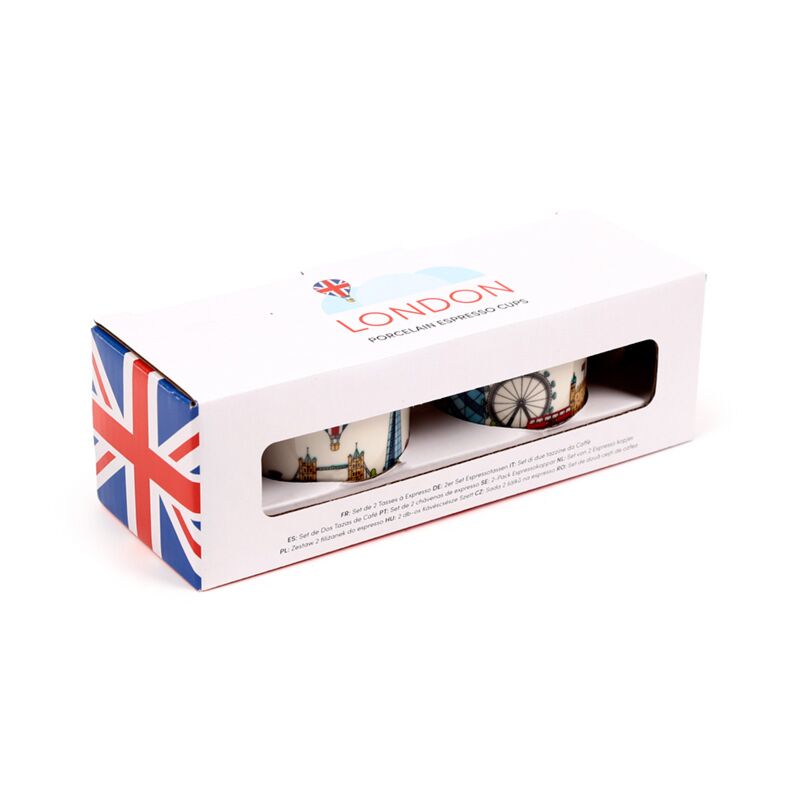 Set of 2 porcelain espresso cups featuring London icons and skyline, packaged in a white box with Union Jack accents.