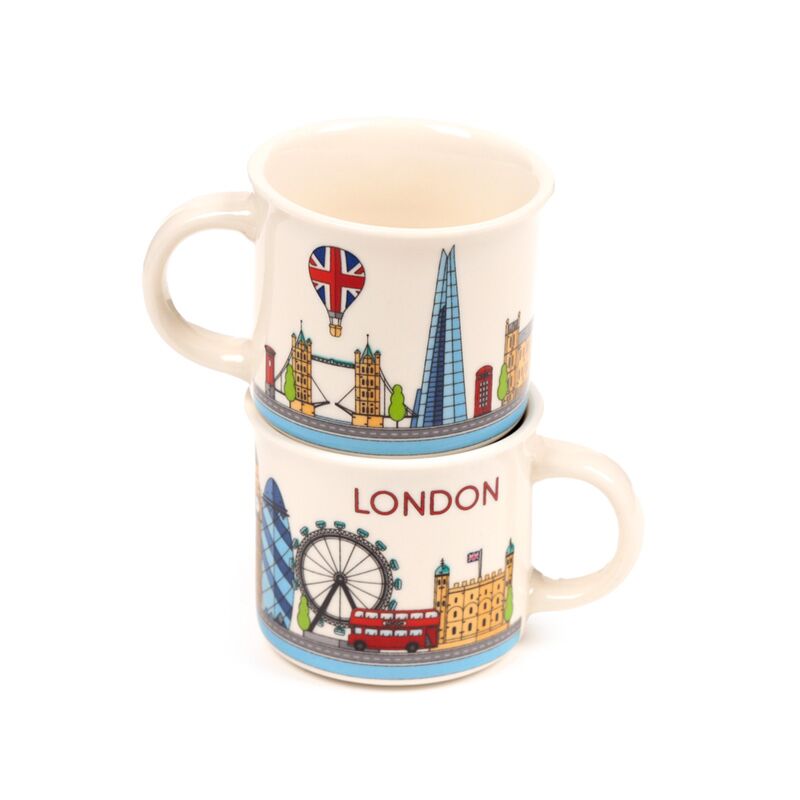 Set of 2 porcelain espresso cups featuring London skyline and iconic landmarks, including London Eye and Big Ben, with red bus.