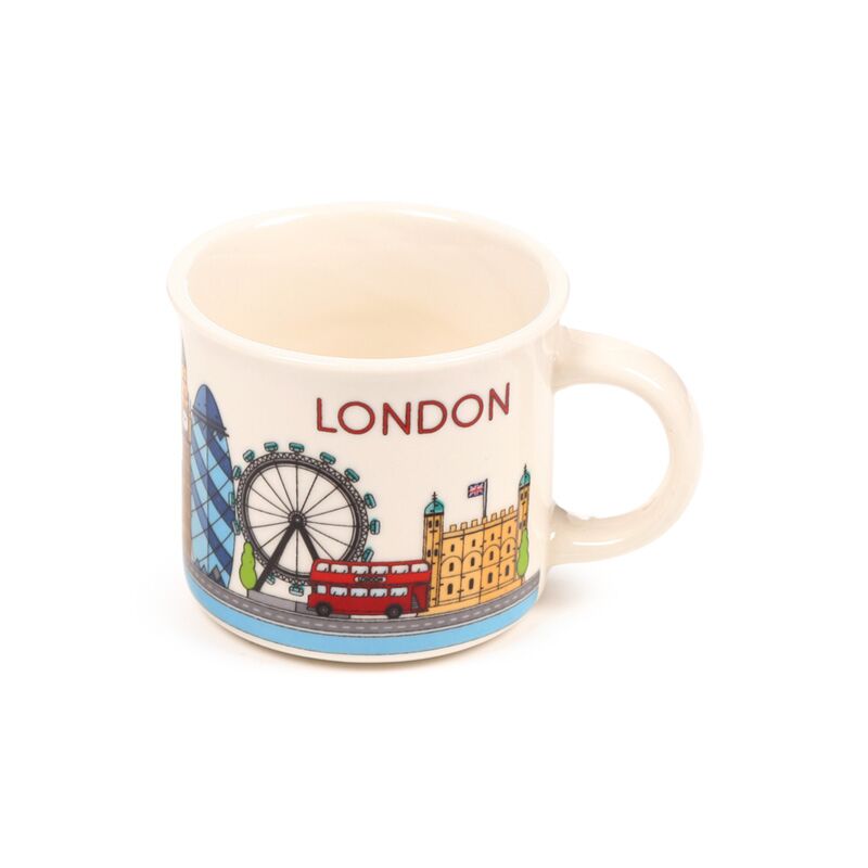 Porcelain espresso cup featuring London skyline with the London Eye, red bus and iconic landmarks.