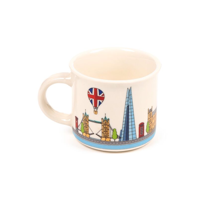 Porcelain espresso cup featuring London Icons London Skyline with Tower Bridge, The Shard and Union Jack balloon.