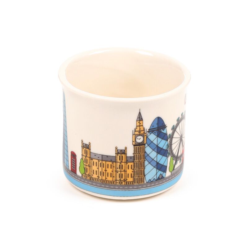 Two porcelain espresso cups featuring London skyline with Big Ben, London Eye and a red telephone box.