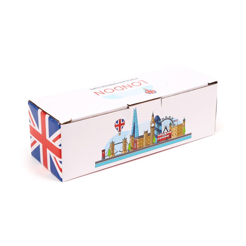Box for a set of 2 porcelain espresso cups, London skyline design with Union Jack motif.