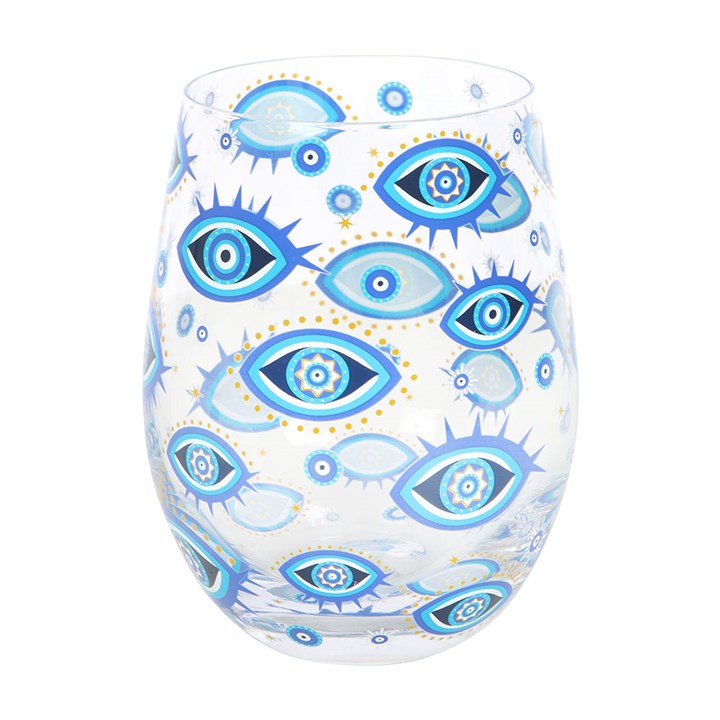 Stylish All Seeing Eye Print Stemless Glass featuring blue eye designs and gold-tone stars, perfect for celestial celebrations.