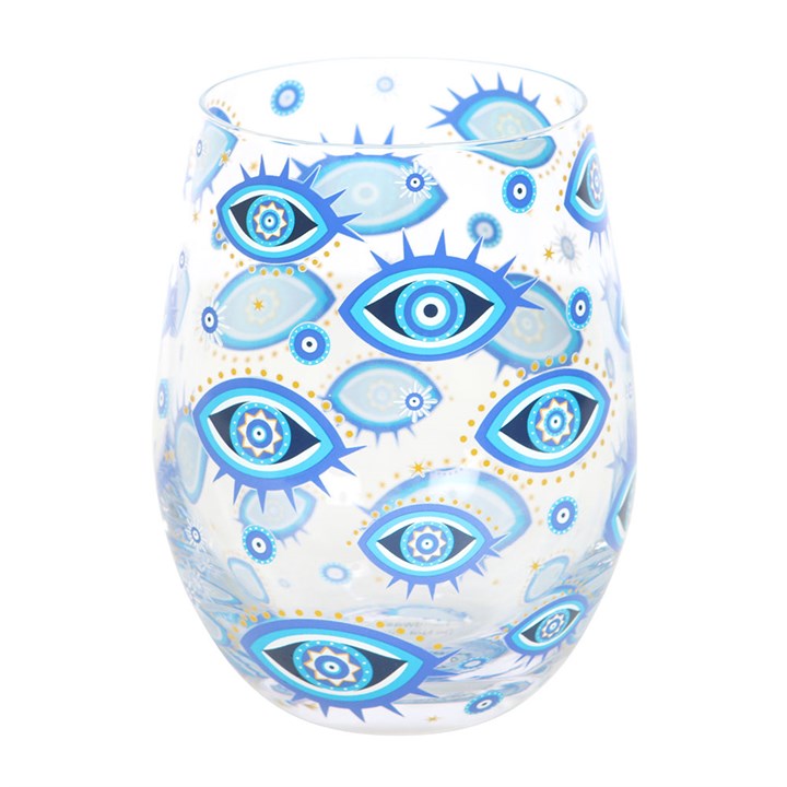 All Seeing Eye Print Stemless Glass showcasing a mystical blue eye design with gold-tone stars, perfect for unique gifts.