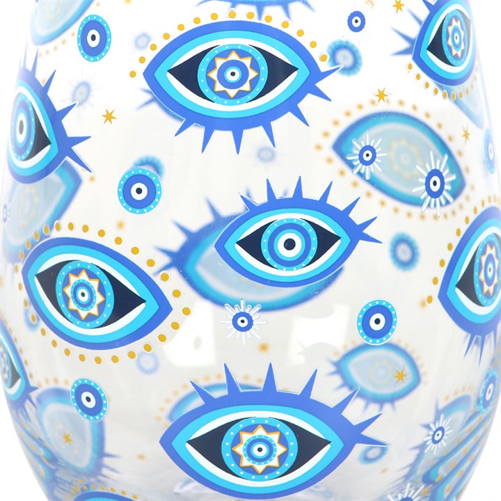 All Seeing Eye Print Stemless Glass featuring blue eye designs and gold accents, perfect for mystical celebrations.