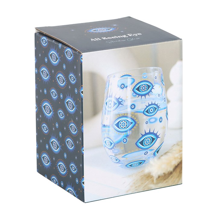 All Seeing Eye Print Stemless Glass featuring mystical blue eye design and gold star accents, perfect for unique celebrations.