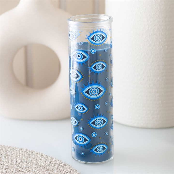 All Seeing Eye Print White Rose Tube Candle in blue with eye motif design