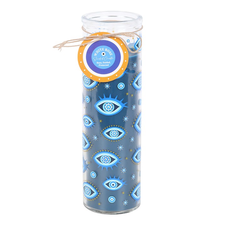 All Seeing Eye Print White Rose Tube Candle - celestial blue tube with eye motif and white rose scent.