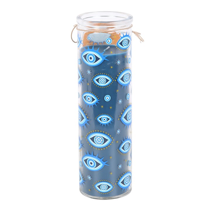 All Seeing Eye Print White Rose Tube Candle – celestial blue eye-pattern candle for spiritual ambience.