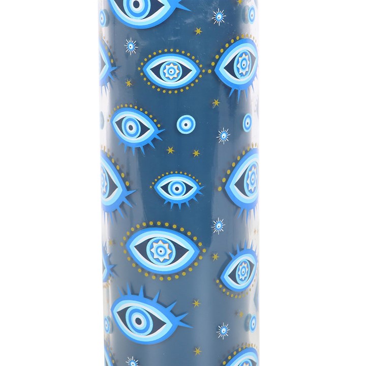 All Seeing Eye Print White Rose Tube Candle: blue celestial candle with eye prints and gold stars.
