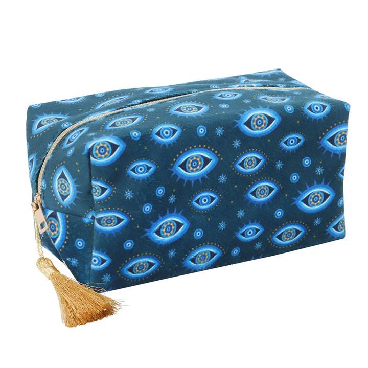 All Seeing Eye Print Velvet Makeup Bag in dark blue with celestial eye motifs, stars and gold-tone zip tassel.