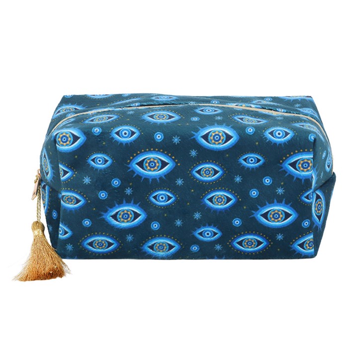 All Seeing Eye Print velvet makeup bag in dark blue with celestial eye motifs, stars and gold-tone tassel zip.