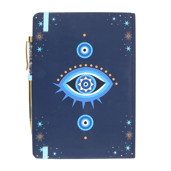 All Seeing Eye A5 Notebook with Crystal Chip Pen features a mystical design and comes with a matching gold-tone pen.