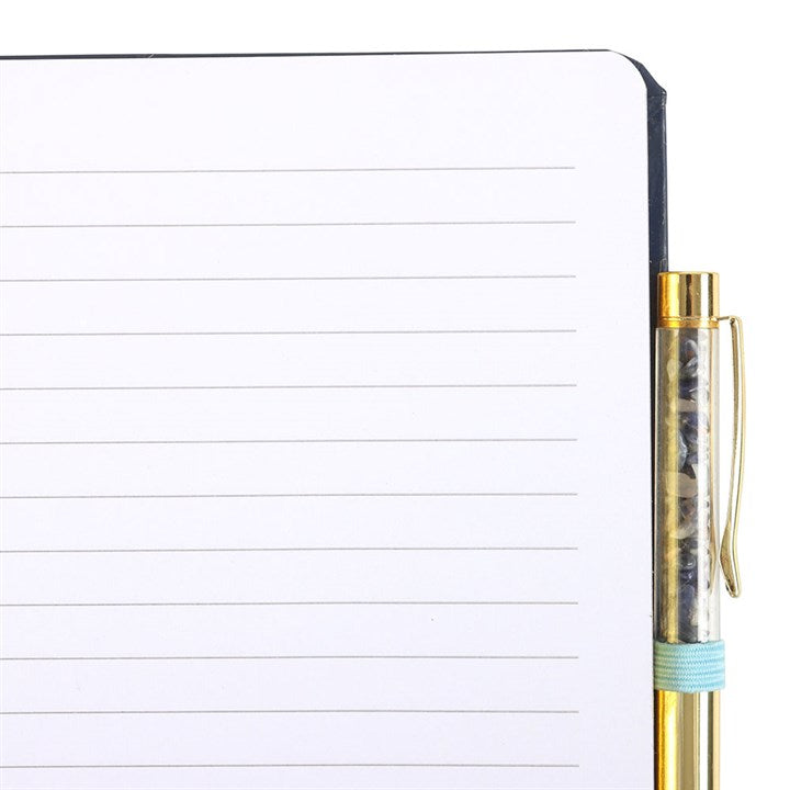 All Seeing Eye A5 Notebook with Crystal Chip Pen showcasing a dark blue design and luxurious gold-tone pen.