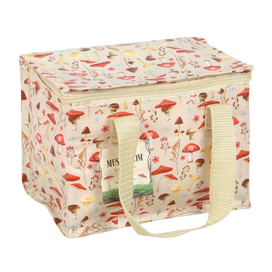 Mushroom Print Lunch Bag featuring a whimsical design in earthy hues, perfect for school, work, or picnics.