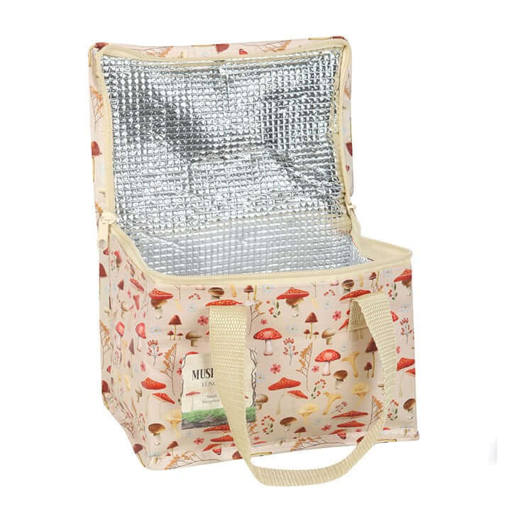 Mushroom Print Lunch Bag featuring a whimsical design in earthy tones, perfect for school, work, or picnics.