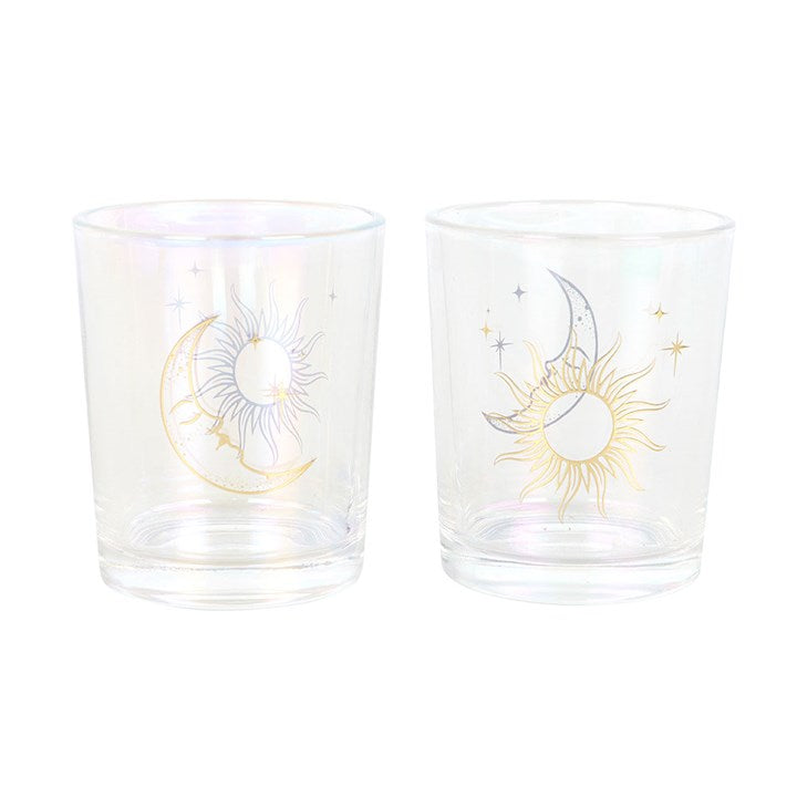 Iridescent Sun and Moon Votive Candle Holders – pair of glass candle holders with gold sun and moon designs.
