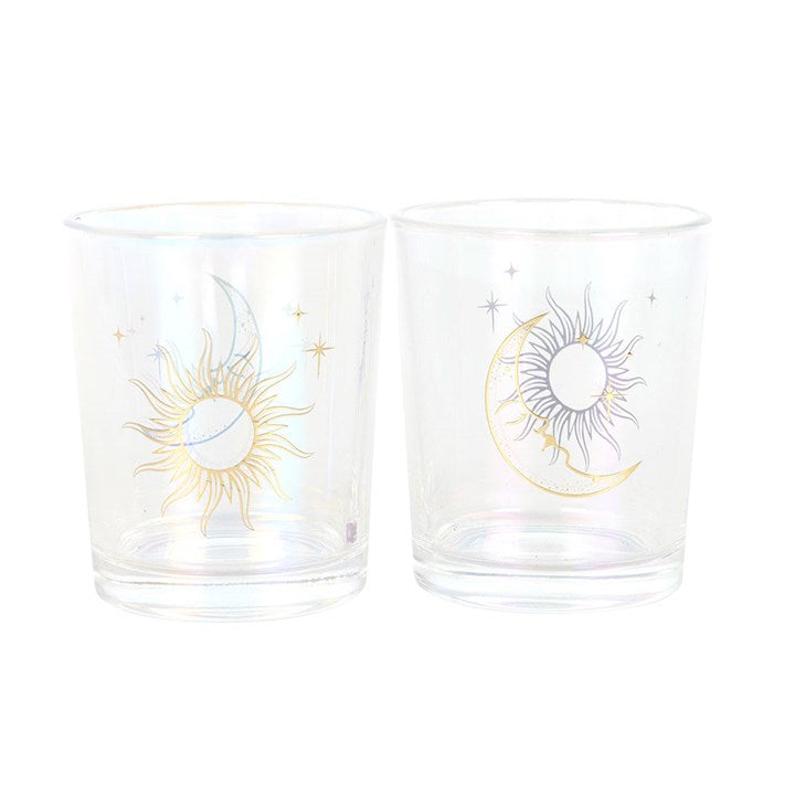 Iridescent Sun and Moon Votive Candle Holders: two clear glass holders with sun and moon designs, celestial glow