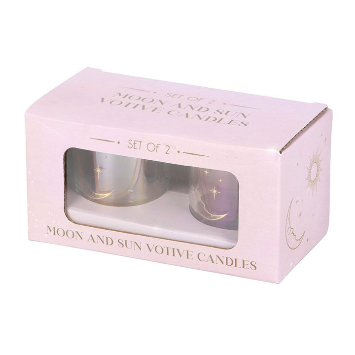 Iridescent Sun and Moon Votive Candle Holders – set of 2 in colour-shifting glass packaging