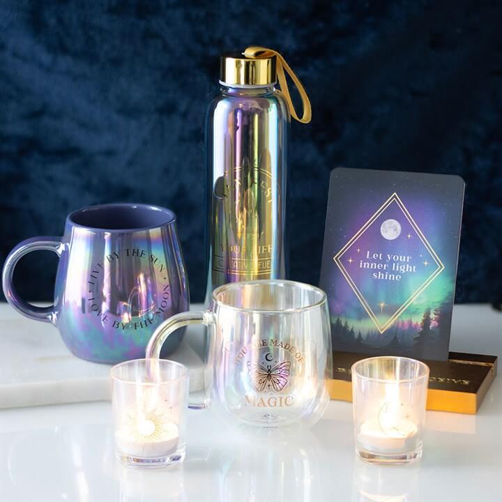 Iridescent Sun and Moon Votive Candle Holders – celestial colour-shifting glass candle holders.