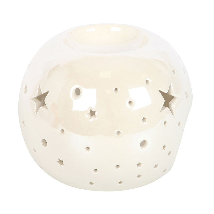 White Iridescent Star Oil Burner and Wax Warmer ceramic with star cut-outs for ambient fragrance.